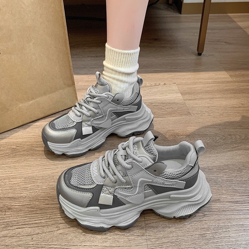 Sievietēm Dad Shoes - Ikdienas sporta apavi ar PU+tīkla augšpusi, bieza platforma, gumijas zole, papēža augstums 3–5 cm