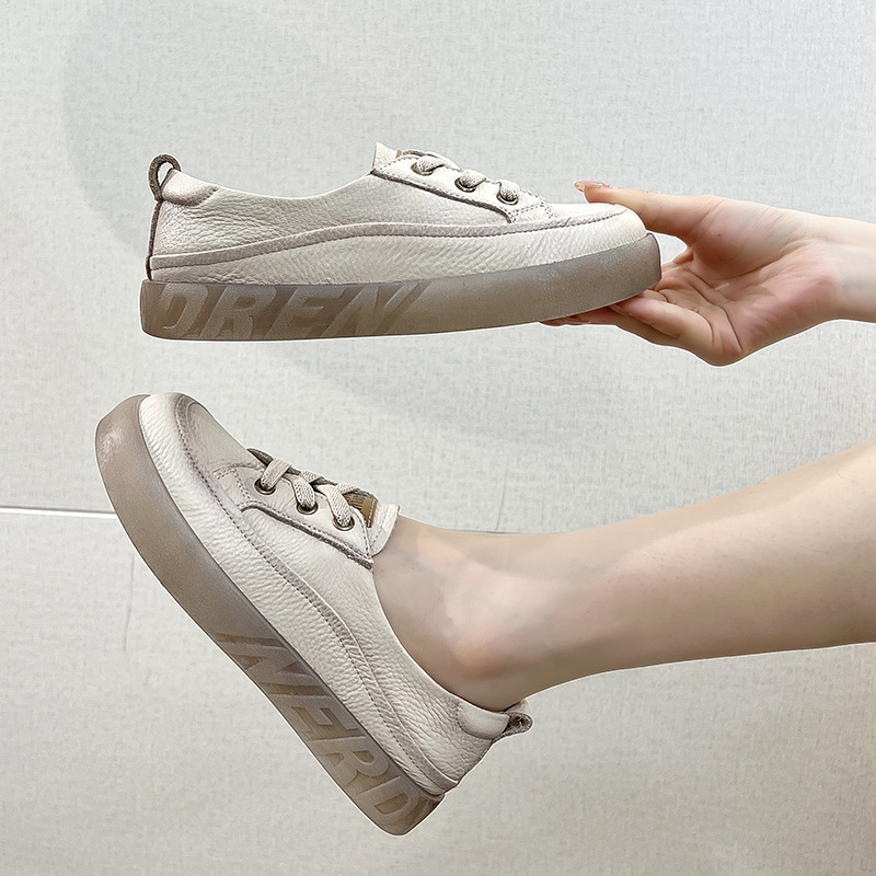 Ženske slip-on lazy tenisice od prve slojev teleće kože, šuplji dizajn, zaobljeni vrh, debela jelly potplat, niski gležanj