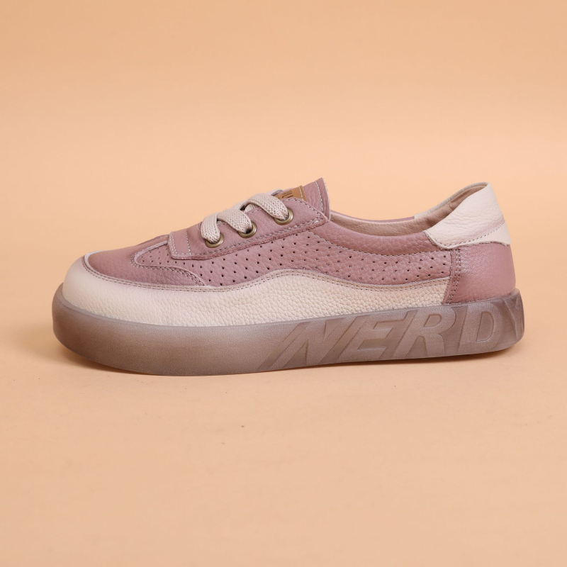Ženske slip-on lazy tenisice od prve slojev teleće kože, šuplji dizajn, zaobljeni vrh, debela jelly potplat, niski gležanj
