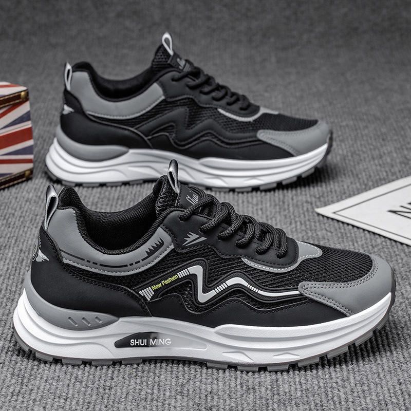 Vīriešu sporta apavi, elpojoša PU un sieta augšdaļa, EVA zolīte, injekcijas veidota zole, šņorējams, zems 1–3 cm papēdis