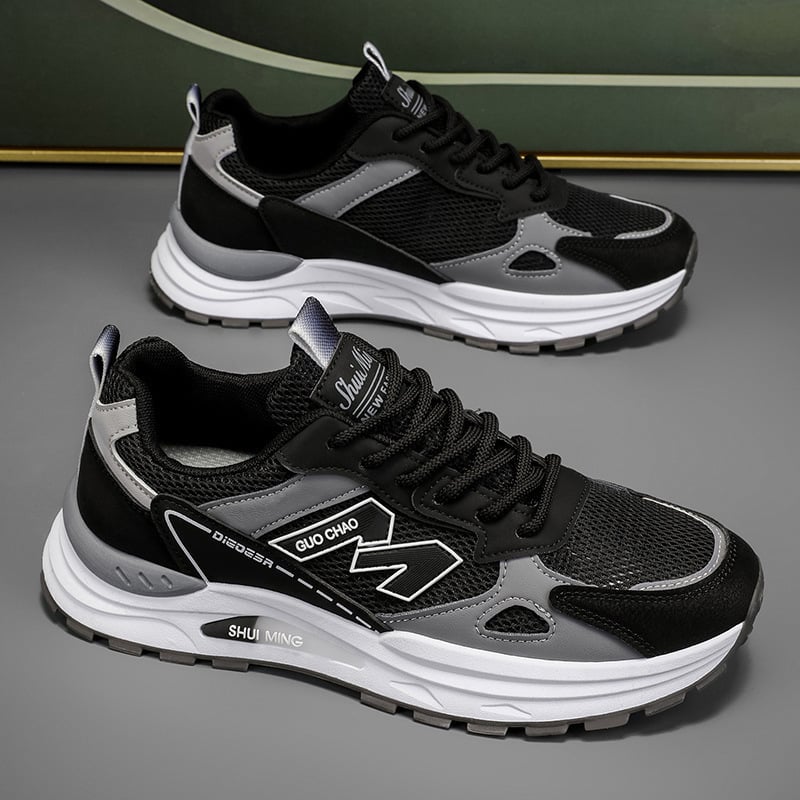 Vīriešu sporta apavi, elpojoša PU un sieta augšdaļa, EVA zolīte, injekcijas veidota zole, šņorējams, zems 1–3 cm papēdis