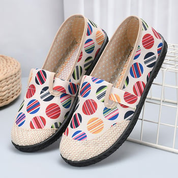 Etno platnene slip-on cipele za žene, zaobljen vrh, prozračna tkaninska uložak, ravna peta, ljeto