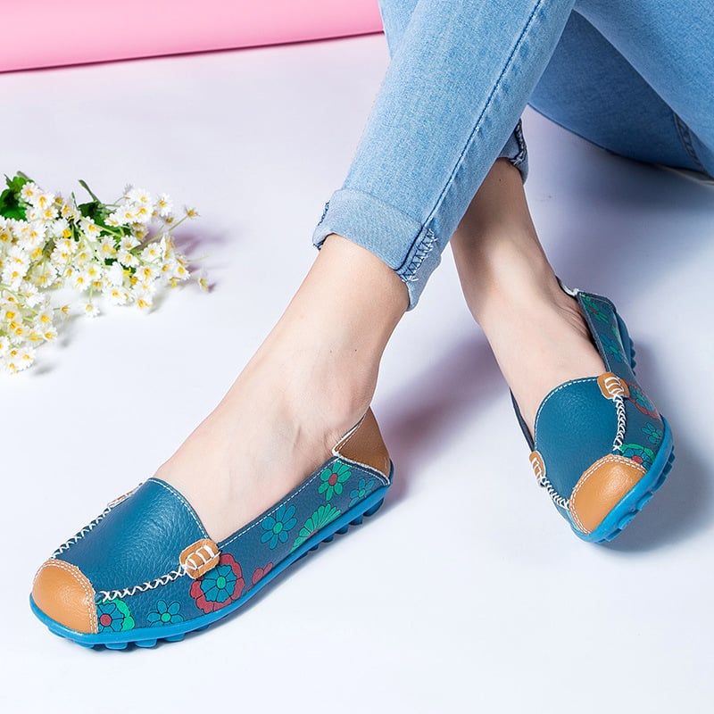 Ženske mokasine s floralnim uzorkom, gornji dio od prave kože, TPR potplat, niski pet 1–3 cm