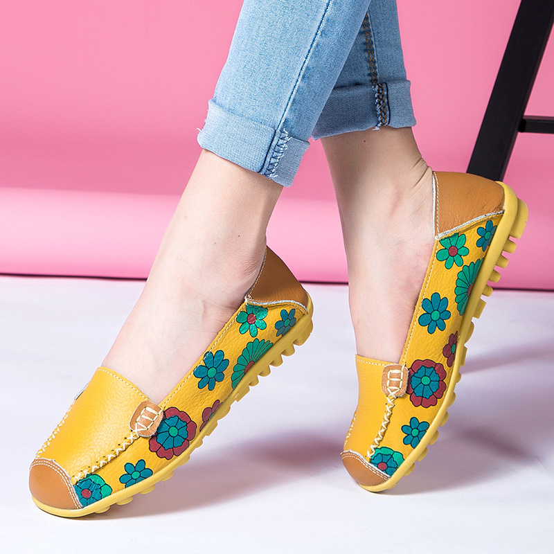 Ženske mokasine s floralnim uzorkom, gornji dio od prave kože, TPR potplat, niski pet 1–3 cm