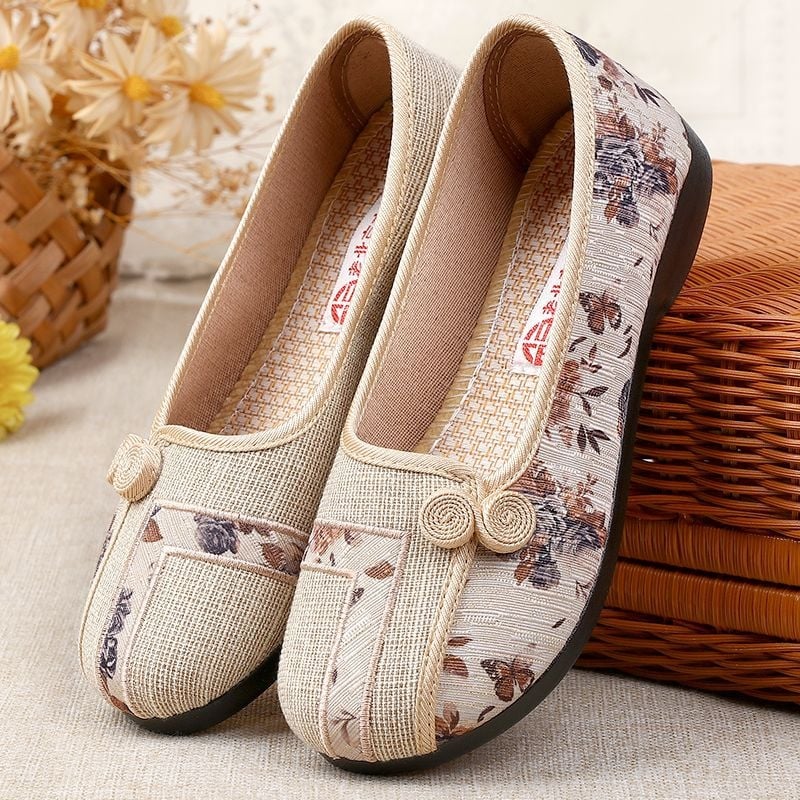 Moterų rankomis austos plokščios basutės; elastinga viršutinė dalis, TPR padas, slip-on, kvėpuojanti vidinė danga