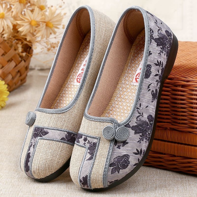 Moterų rankomis austos plokščios basutės; elastinga viršutinė dalis, TPR padas, slip-on, kvėpuojanti vidinė danga