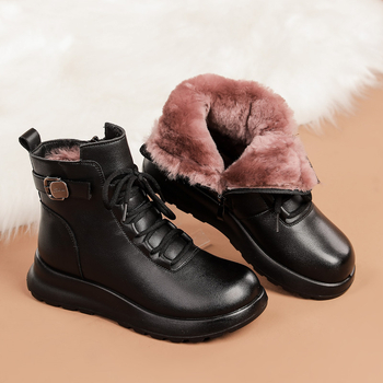 Дамски къси ботуши от естествена кожа, подплатени с вълна, странична ципа, гумена подметка, плосък ток, Зима 2025