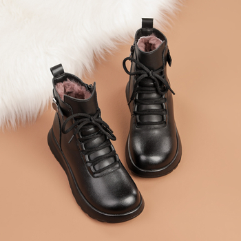 Дамски къси ботуши от естествена кожа, подплатени с вълна, странична ципа, гумена подметка, плосък ток, Зима 2025