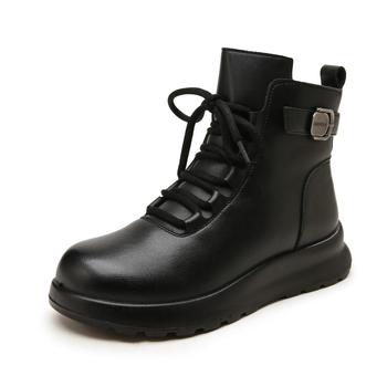 Дамски къси ботуши от естествена кожа, подплатени с вълна, странична ципа, гумена подметка, плосък ток, Зима 2025