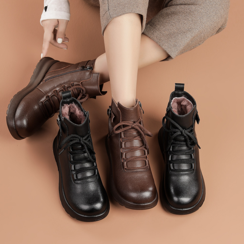 Дамски къси ботуши от естествена кожа, подплатени с вълна, странична ципа, гумена подметка, плосък ток, Зима 2025