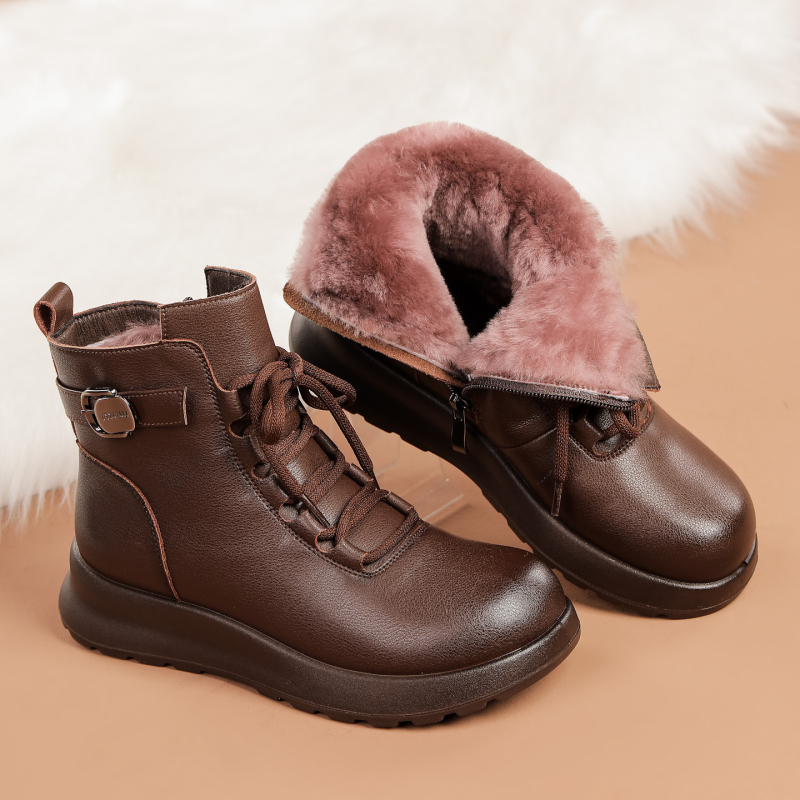 Дамски къси ботуши от естествена кожа, подплатени с вълна, странична ципа, гумена подметка, плосък ток, Зима 2025