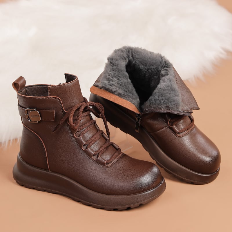 Дамски къси ботуши от естествена кожа, подплатени с вълна, странична ципа, гумена подметка, плосък ток, Зима 2025