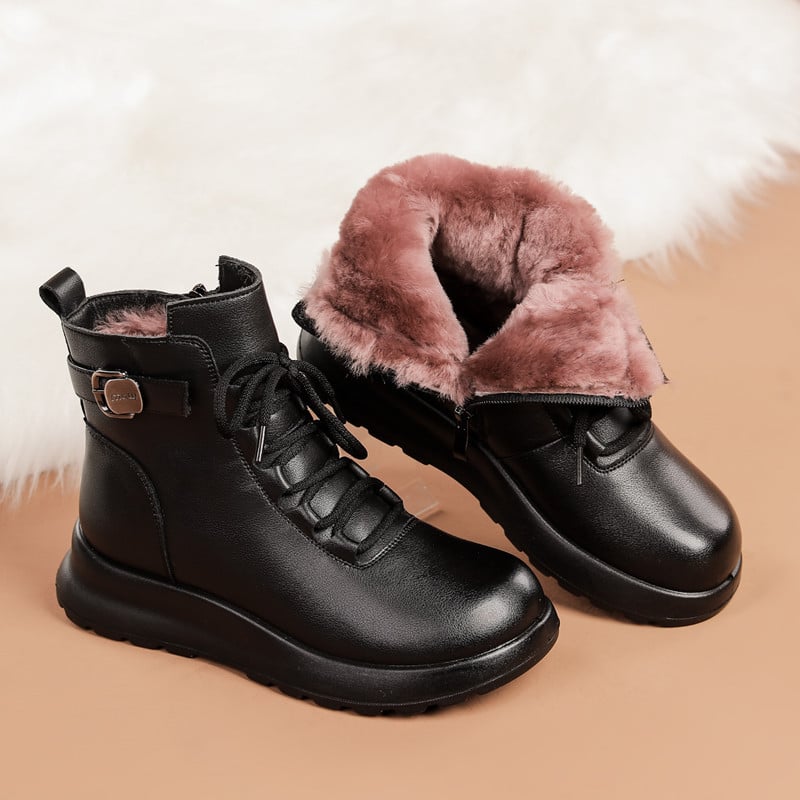 Дамски къси ботуши от естествена кожа, подплатени с вълна, странична ципа, гумена подметка, плосък ток, Зима 2025