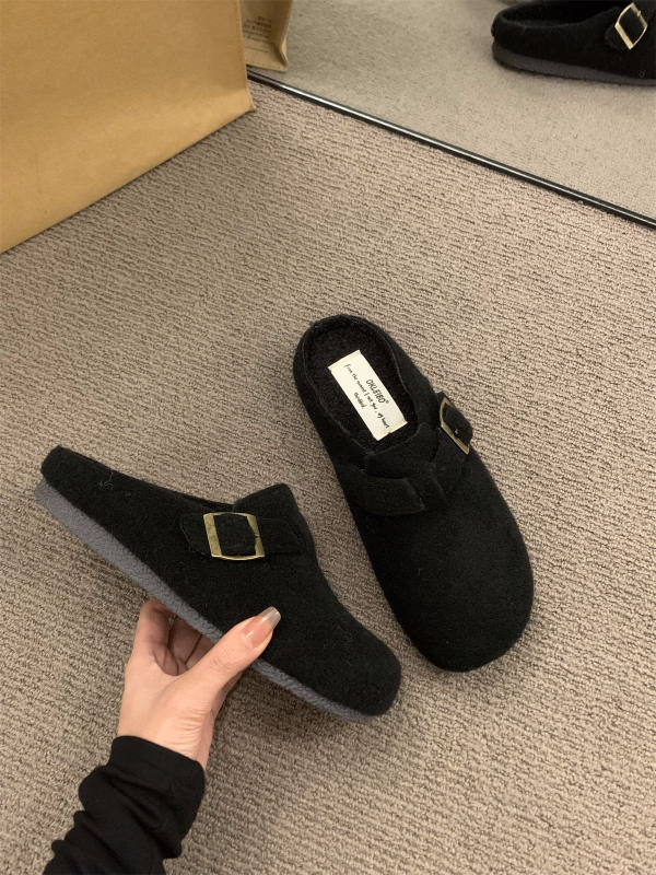 Moterų Birkenstock stiliaus šlepetės su nubuko viršutine medžiaga, dirbtinio trumpo pūko pamušalas, gumos padas, apvali nosis, retro stilius, ruduo 2025