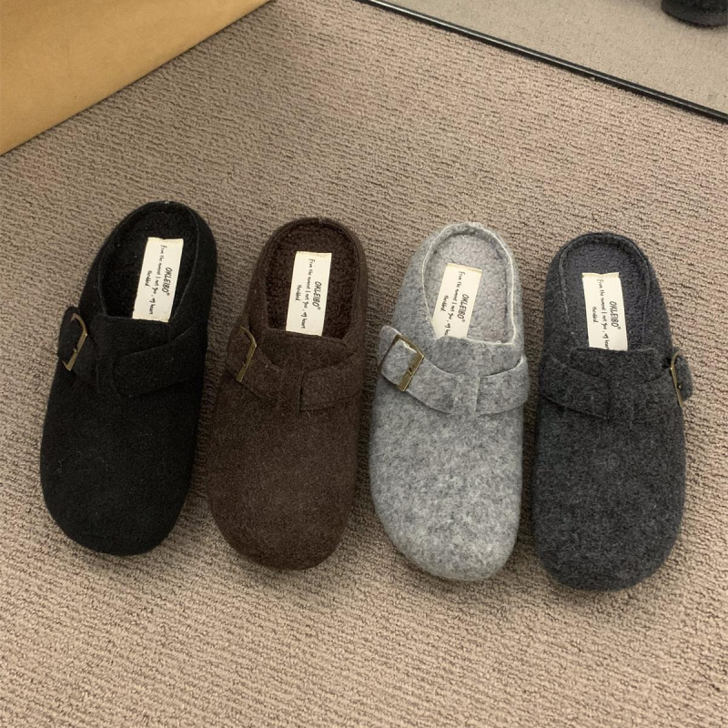 Moterų Birkenstock stiliaus šlepetės su nubuko viršutine medžiaga, dirbtinio trumpo pūko pamušalas, gumos padas, apvali nosis, retro stilius, ruduo 2025