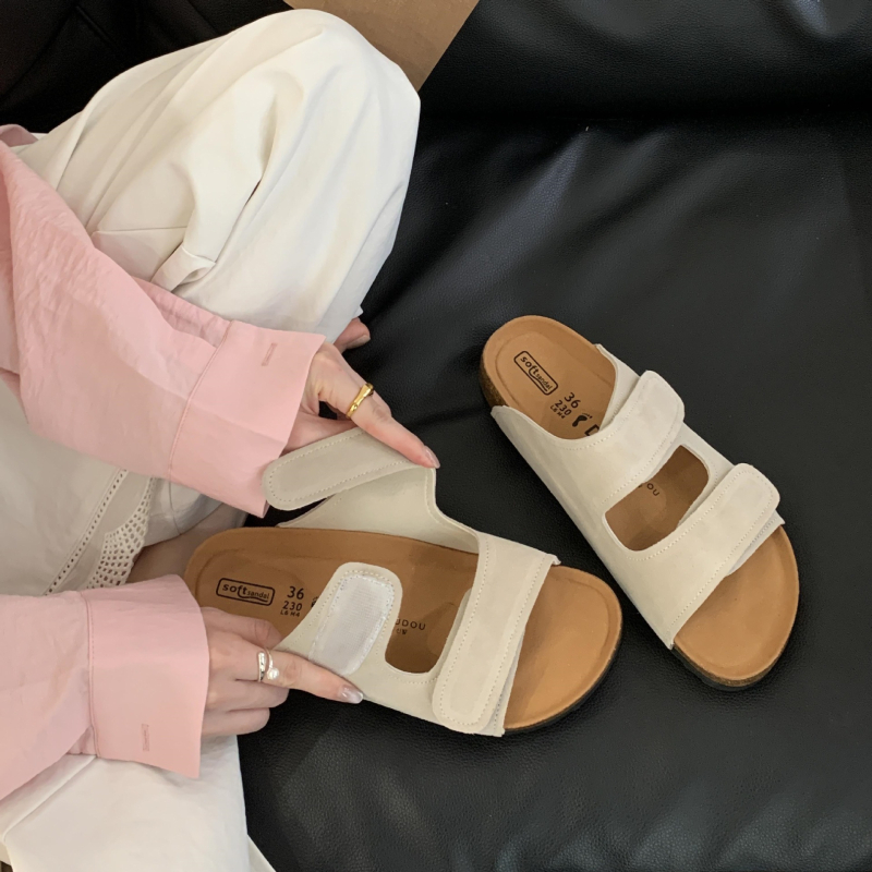 Moterų Velcro platformos šlepetės, etninio stiliaus, apvalus priekis, gumos padas, viršus: super pluoštas (Pavasaris 2025)