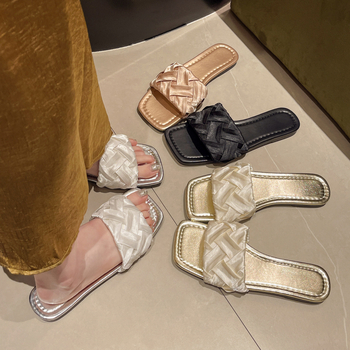 Papuci plat în stil coreean, bretele încrucișate din satin mătase, partea superioară PU, căptușeală PU, talpă din cauciuc, slip-on, primăvară 2024