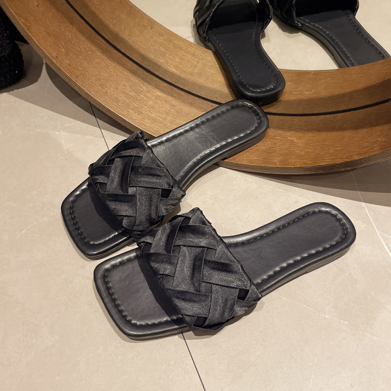 Papuci plat în stil coreean, bretele încrucișate din satin mătase, partea superioară PU, căptușeală PU, talpă din cauciuc, slip-on, primăvară 2024