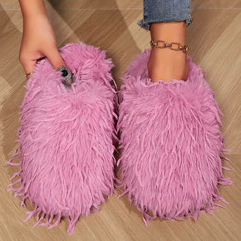 Papuci de iarnă pentru femei cu acoperire a călcâiului, căptuțiți cu pluș sintetic, partea superioară din material textil, talpă plată, grosime talpă 0–3 cm