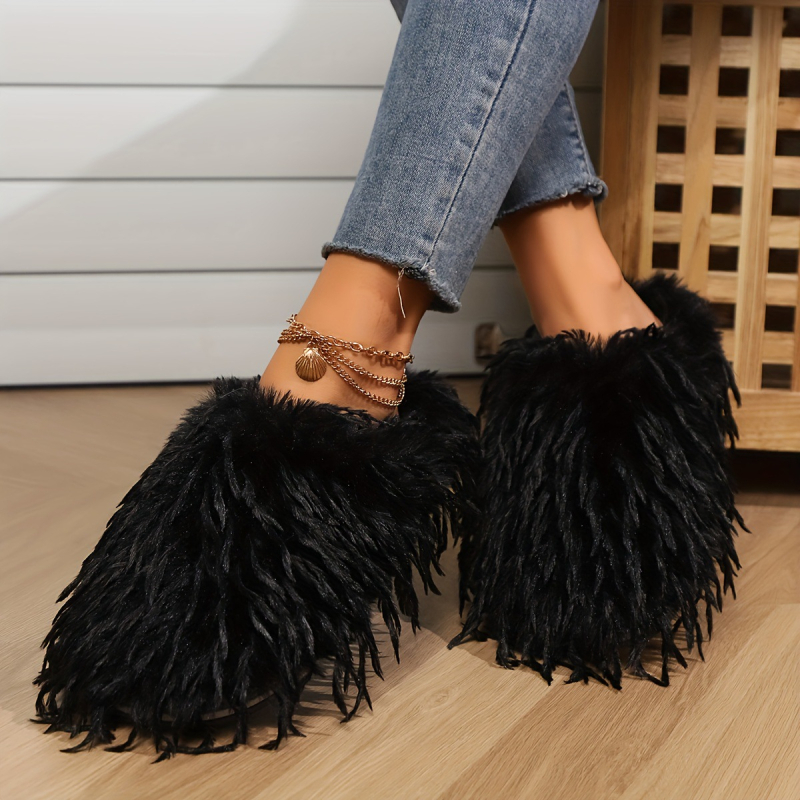 Papuci de iarnă pentru femei cu acoperire a călcâiului, căptuțiți cu pluș sintetic, partea superioară din material textil, talpă plată, grosime talpă 0–3 cm