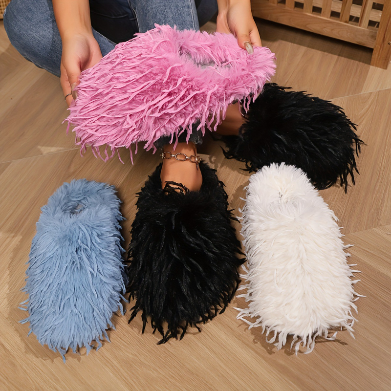 Papuci de iarnă pentru femei cu acoperire a călcâiului, căptuțiți cu pluș sintetic, partea superioară din material textil, talpă plată, grosime talpă 0–3 cm