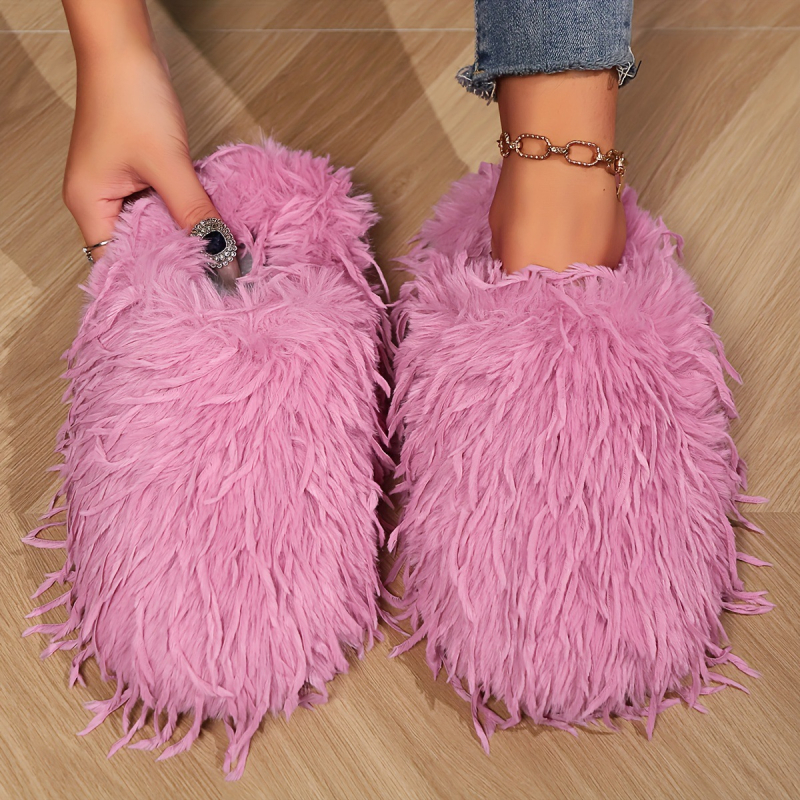 Papuci de iarnă pentru femei cu acoperire a călcâiului, căptuțiți cu pluș sintetic, partea superioară din material textil, talpă plată, grosime talpă 0–3 cm