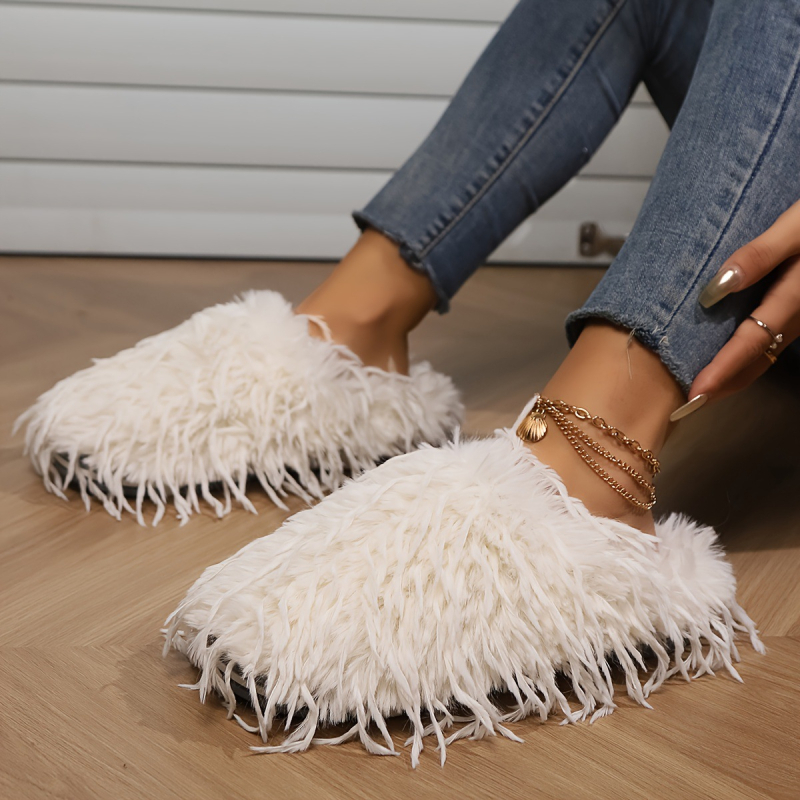 Papuci de iarnă pentru femei cu acoperire a călcâiului, căptuțiți cu pluș sintetic, partea superioară din material textil, talpă plată, grosime talpă 0–3 cm