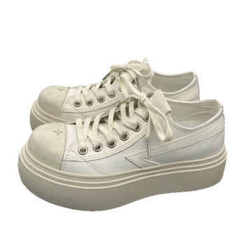 Adidași din pânză, aspect uzat-retro, talpă groasă, vârf rotund, șireturi, platformă, înălțimea călcâiului 3–5 cm