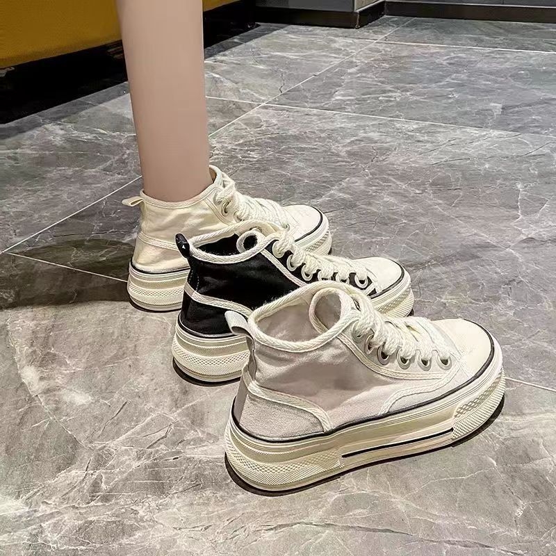 Női magasított vászon cipő vastag gumitalppal, fűzővel záródó, hálós belső, PU talpbetét, sarokmagasság 0–1 cm