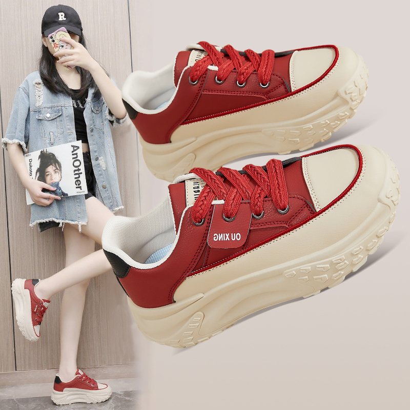 Дамски платнени обувки с повдигащ ефект – връзки, дебел под (Върх: синтетична кожа; Подметка: PVC; Затваряне: връзки; Тип подметка: дебела)