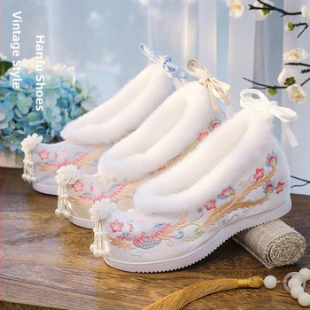 Moteriški audiniai bateliai Hanfu įkvėpti moterims su siuvine mazgu ir gyvūnų motyvu, pūkuota vidinė dalis, viršus - medvilnė, guminis padas, klinas 6–8 cm