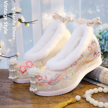 Moteriški audiniai bateliai Hanfu įkvėpti moterims su siuvine mazgu ir gyvūnų motyvu, pūkuota vidinė dalis, viršus - medvilnė, guminis padas, klinas 6–8 cm