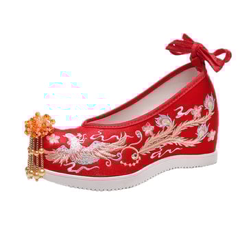 Moteriški audiniai bateliai Hanfu įkvėpti moterims su siuvine mazgu ir gyvūnų motyvu, pūkuota vidinė dalis, viršus - medvilnė, guminis padas, klinas 6–8 cm