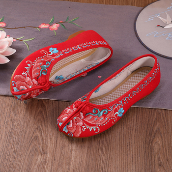 Moteriški siuvinėti kanvas bateliai su gėlių raštu, vintyrinis stilius, medvilnės viršus, karvų odos padas, plokščias kulnas