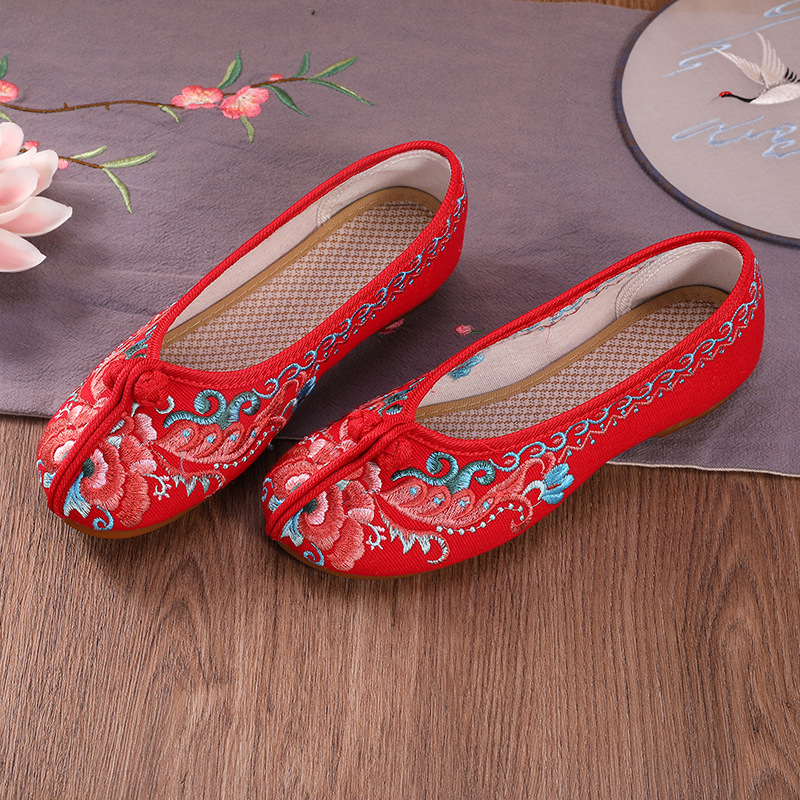 Moteriški siuvinėti kanvas bateliai su gėlių raštu, vintyrinis stilius, medvilnės viršus, karvų odos padas, plokščias kulnas