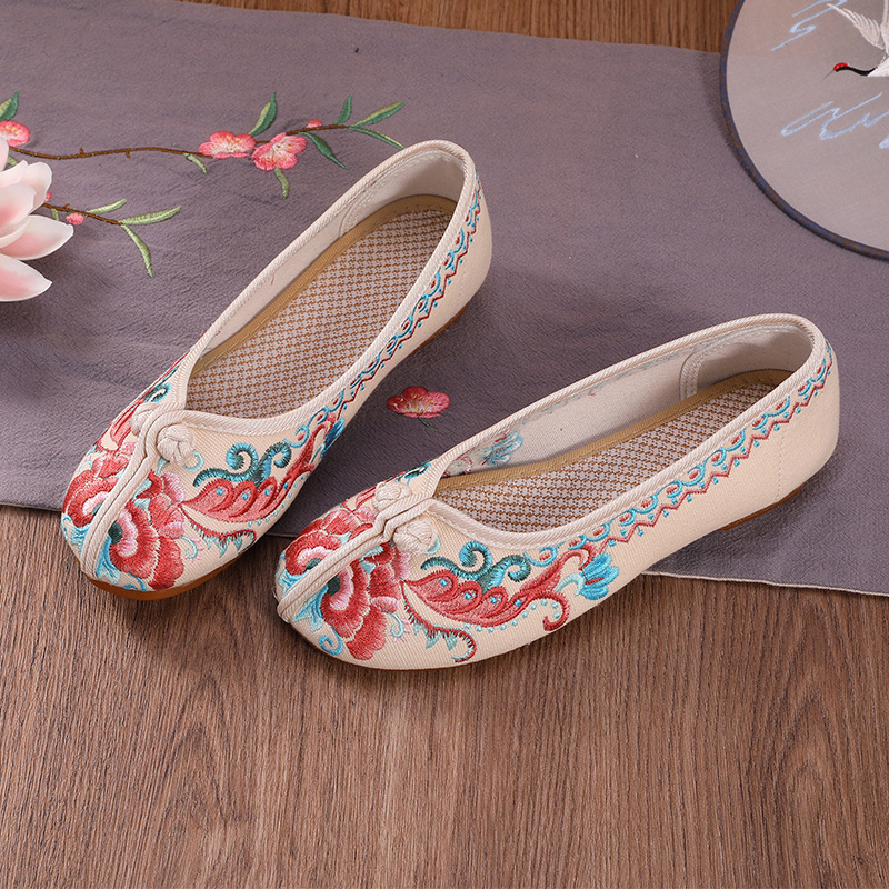 Moteriški siuvinėti kanvas bateliai su gėlių raštu, vintyrinis stilius, medvilnės viršus, karvų odos padas, plokščias kulnas