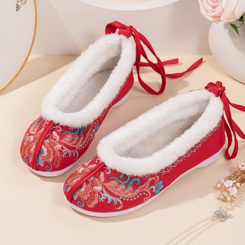 Moteriški siuvinėti kanvas bateliai su gėlių raštu, vintyrinis stilius, medvilnės viršus, karvų odos padas, plokščias kulnas