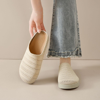 Birkenstock stiliaus megzti moteriški batai, žemas viršus, apvali nosis, PU pada, tekstilinė įdėklas