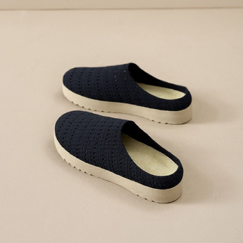 Birkenstock stiliaus megzti moteriški batai, žemas viršus, apvali nosis, PU pada, tekstilinė įdėklas