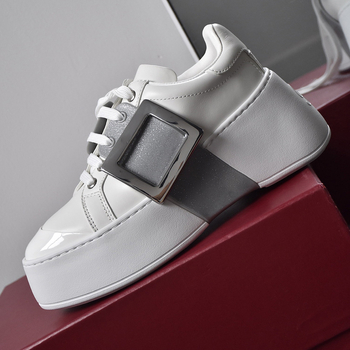 Ženske bijele loaferice s kvadratnom kopčom i rhinestones, debeli potplat, povećanje visine, svestrana casual obuća