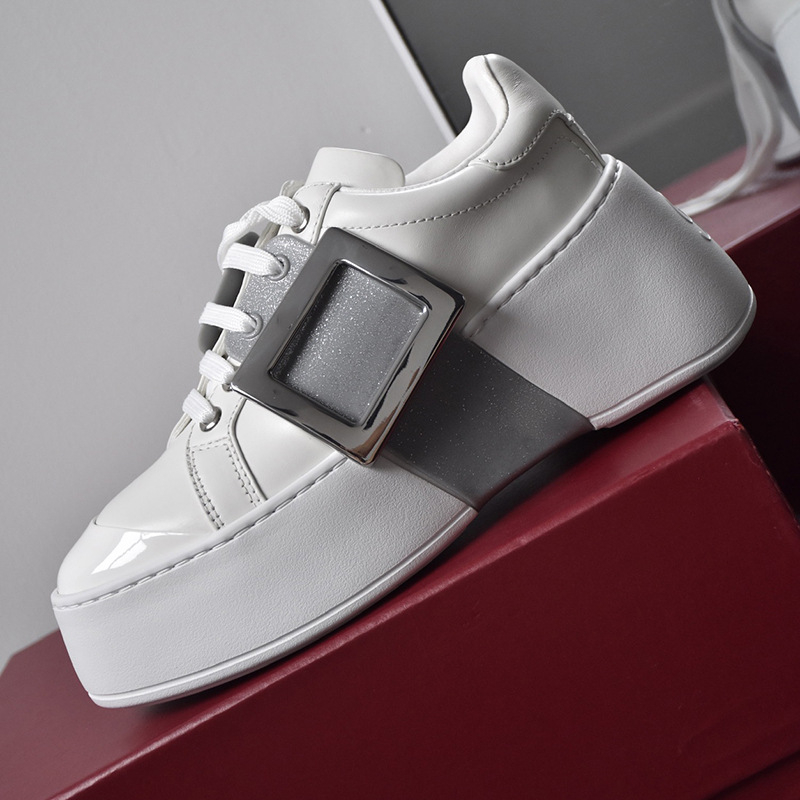 Ženske bijele loaferice s kvadratnom kopčom i rhinestones, debeli potplat, povećanje visine, svestrana casual obuća