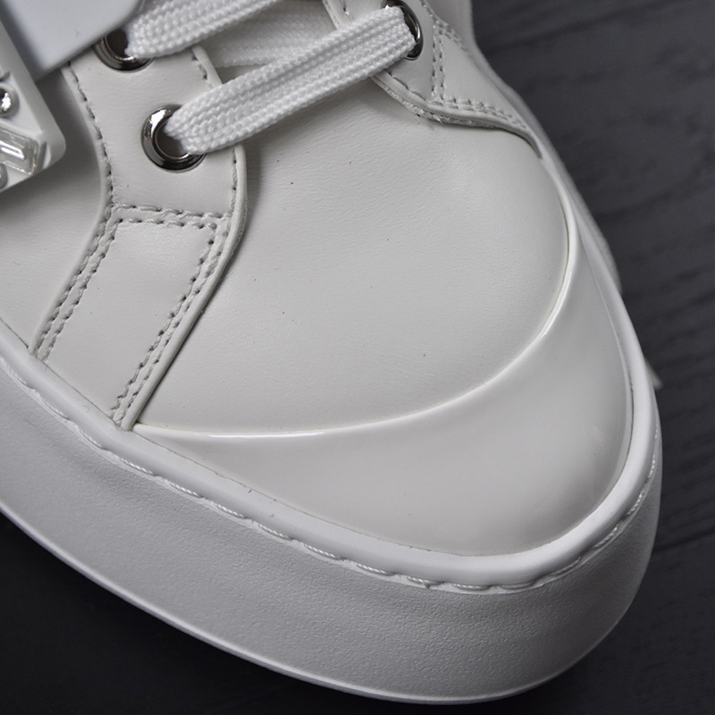Ženske bijele loaferice s kvadratnom kopčom i rhinestones, debeli potplat, povećanje visine, svestrana casual obuća