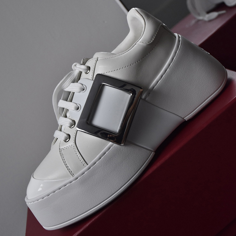 Ženske bijele loaferice s kvadratnom kopčom i rhinestones, debeli potplat, povećanje visine, svestrana casual obuća