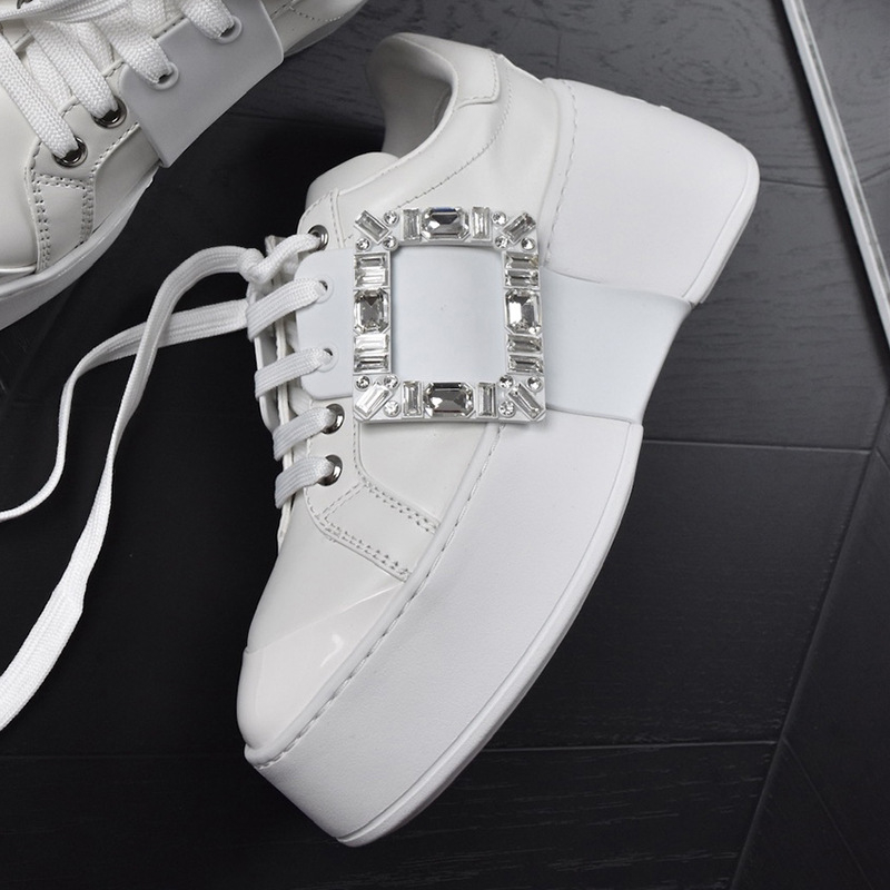 Ženske bijele loaferice s kvadratnom kopčom i rhinestones, debeli potplat, povećanje visine, svestrana casual obuća