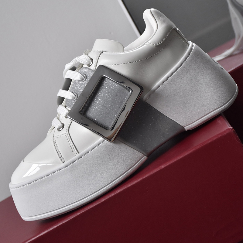 Ženske bijele loaferice s kvadratnom kopčom i rhinestones, debeli potplat, povećanje visine, svestrana casual obuća