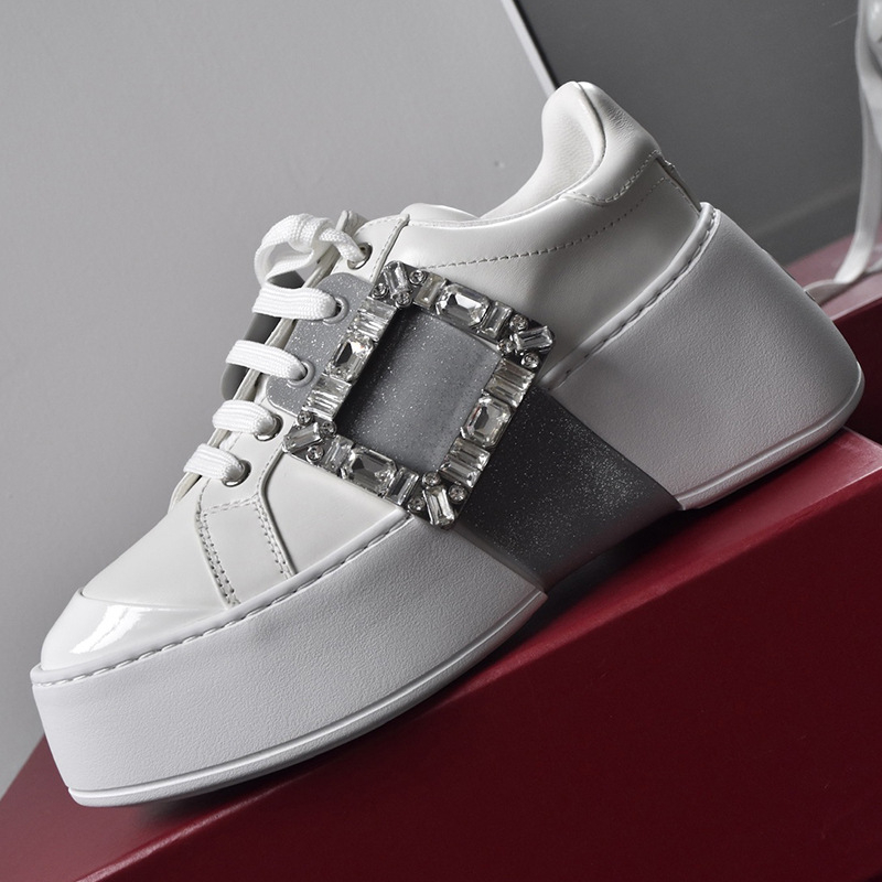Ženske bijele loaferice s kvadratnom kopčom i rhinestones, debeli potplat, povećanje visine, svestrana casual obuća