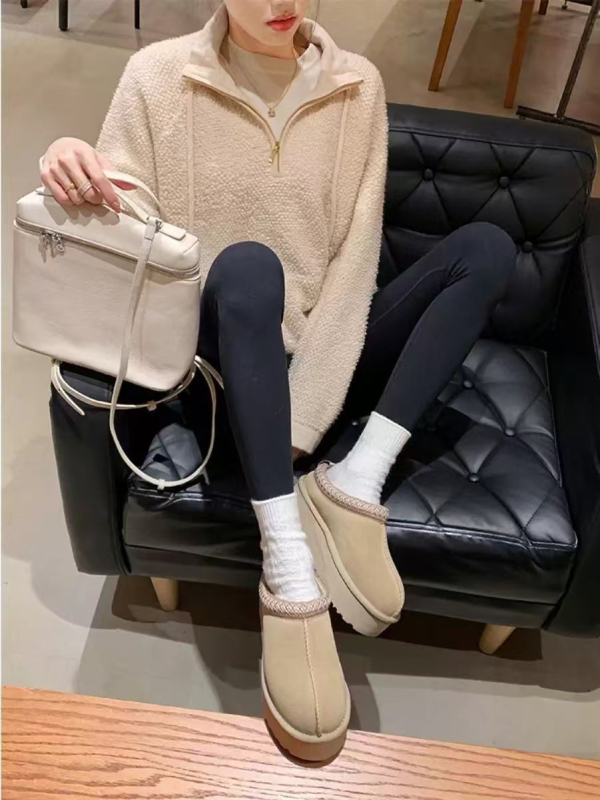 Korejski stil casual gležnjače s visokim gornjim dijelom od kravljeg velura, gumena potplata, debela potplata, unutarnja umjetna krzna, zimi