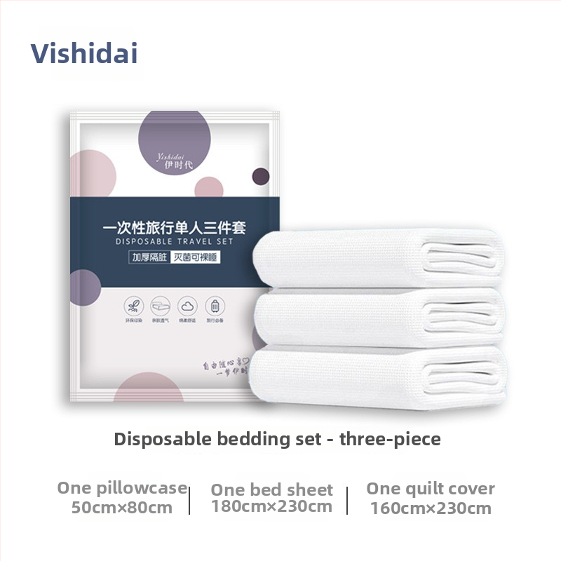 Keturių dalių kelioninis patalynės komplektas iš nepluoštinio audinio: antklodės uždangalas, vienkartinis paklodos lakštas ir pagalvių užvalkalai