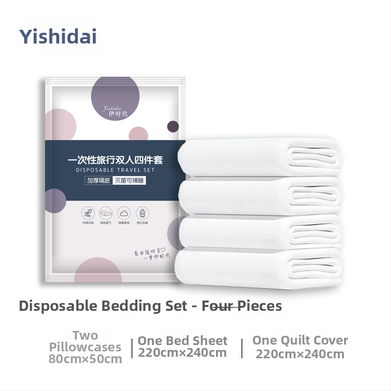 Keturių dalių kelioninis patalynės komplektas iš nepluoštinio audinio: antklodės uždangalas, vienkartinis paklodos lakštas ir pagalvių užvalkalai