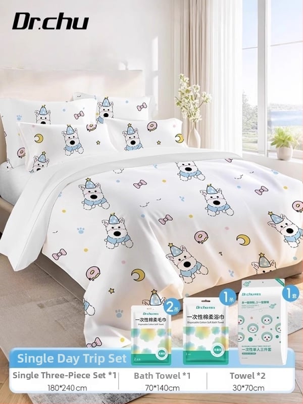 Ühekordne neljaosaline voodipesu komplekt – sisaldab katte, linad ja padjakatted – puuvillane tekstuur – Doctor Chu – reisidele/hotellidele